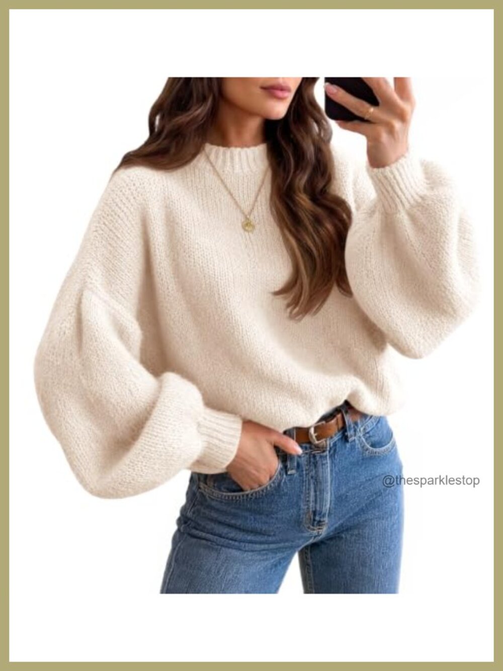 Slouchy Soft Knit Crew Neck Pullover Sweater with Lantern Sleeves